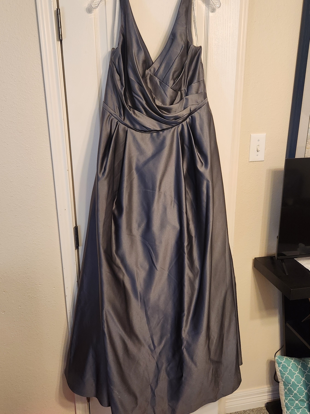 David's Bridal Slate Gray Satin V-Neck Maxi Dress